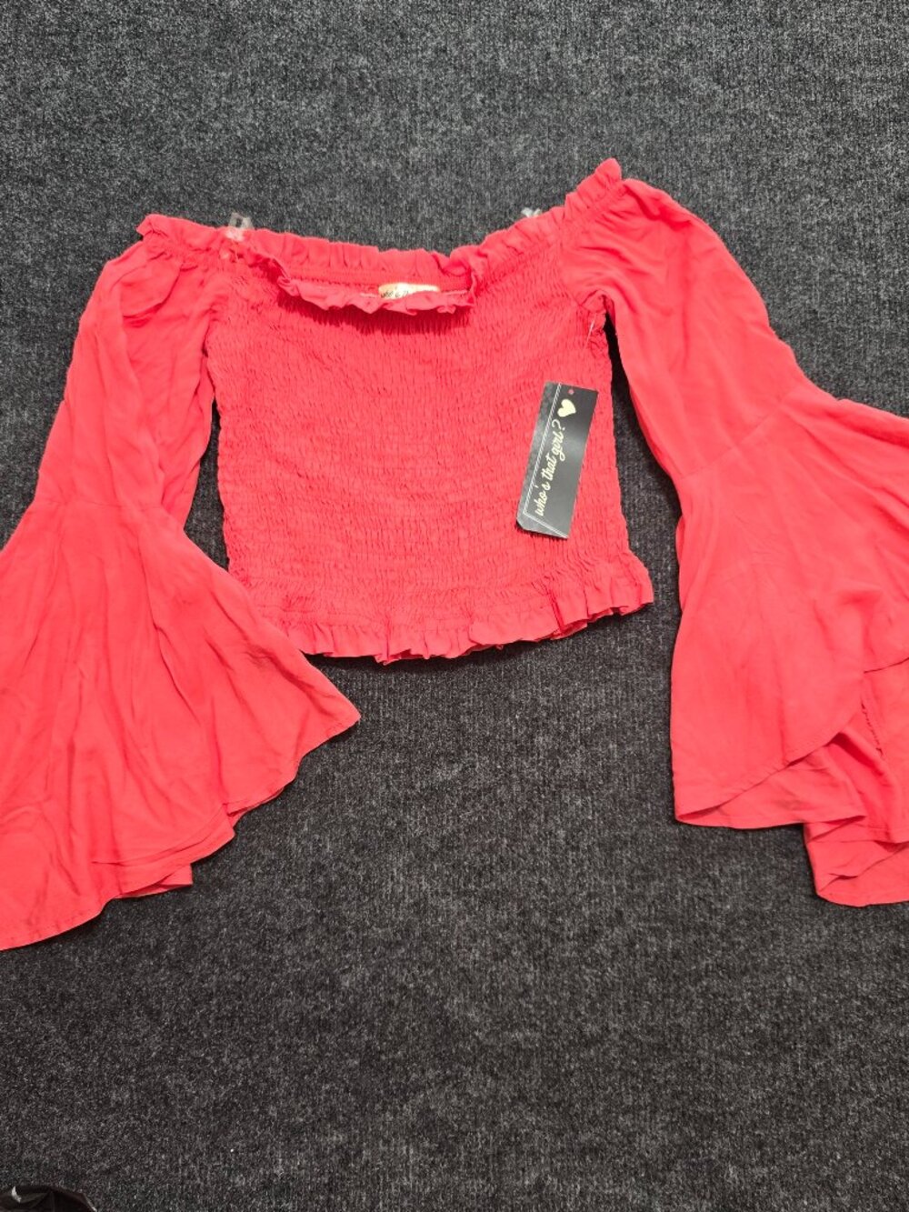 NWT See That Girl Smocked Peasant Top Women’s Medium Coral Rayon Flowy Sleeve Bo